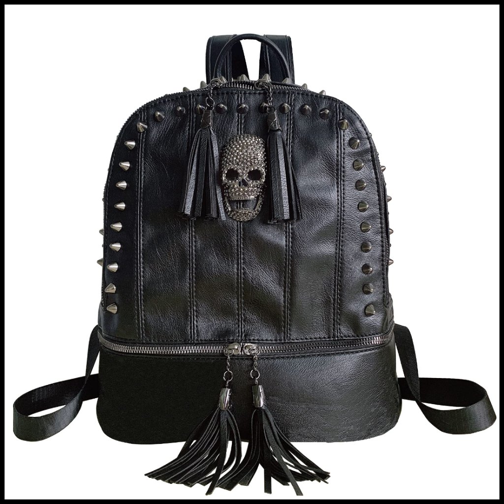 Gothic Punk Rock Faux Leather Backpack Studded Skull Tassels Daypack